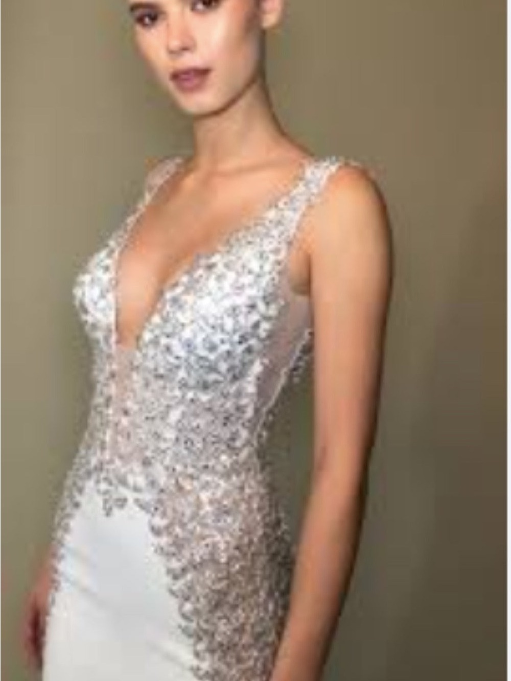 Pnina Tornai White Bridal Gown with Silver Lace Embellishment